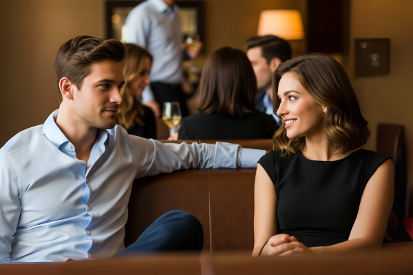 Homem e mulher conversando em um bar
